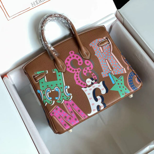 BIRKIN 25 BAG IN CHOCOLATE BROWN CALFSKIN WITH COLORFUL STICKER
