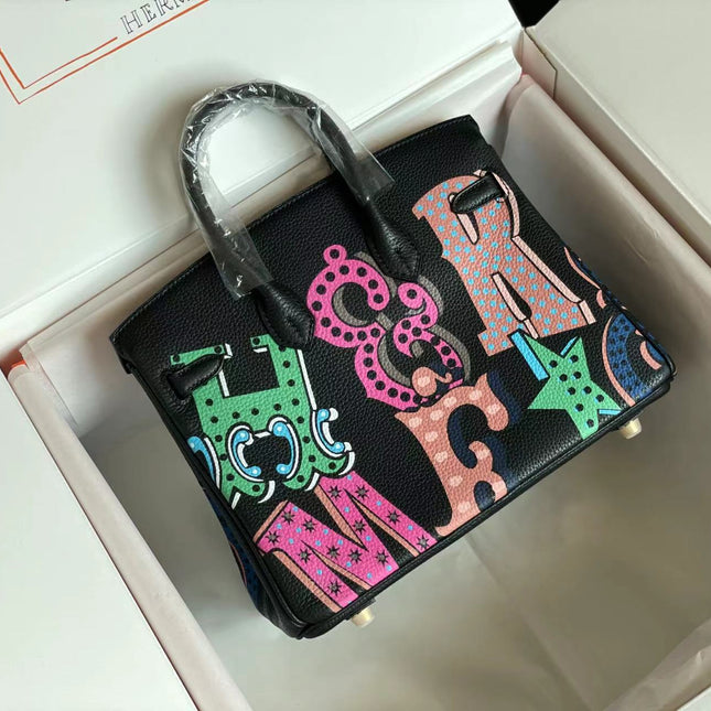 BIRKIN 25 BAG IN BLACK CALFSKIN WITH COLORFUL STICKER