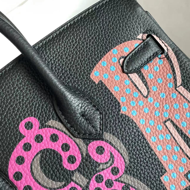 BIRKIN 25 BAG IN BLACK CALFSKIN WITH COLORFUL STICKER