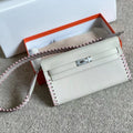 KELLY CLASSIQUE TO GO WALLET 20 IN PALE GRAY CALFSKIN WITH SILVER HARDWARE