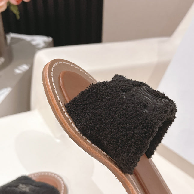 CELINE 25S LYMPIA TWISTED SANDAL IN BLACK SPONGE FABRIC