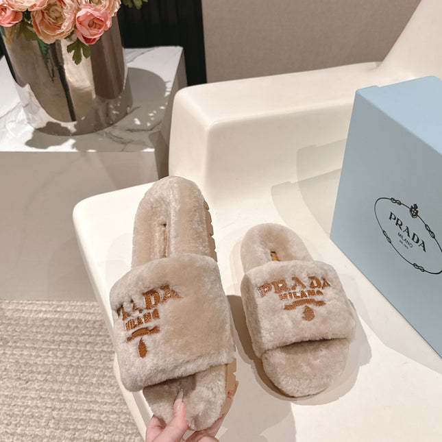 PRADA 25S FLAT MULES IN WARM TAUPE RABBIT FUR