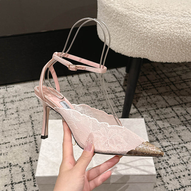 JIMMY CHOO 26S SLINGBACK HEELS 95 MM IN LIGHT PINK LACE