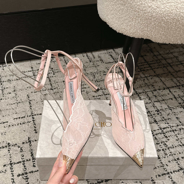 JIMMY CHOO 26S SLINGBACK HEELS 95 MM IN LIGHT PINK LACE