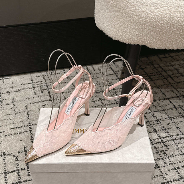 JIMMY CHOO 26S SLINGBACK HEELS 95 MM IN LIGHT PINK LACE