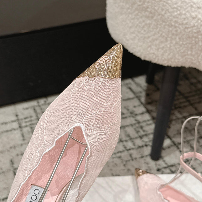 JIMMY CHOO 26S SLINGBACK HEELS 95 MM IN LIGHT PINK LACE