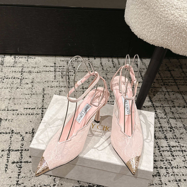 JIMMY CHOO 26S SLINGBACK HEELS 95 MM IN LIGHT PINK LACE