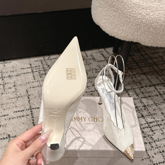 JIMMY CHOO 26S SLINGBACK HEELS 95 MM IN WHITE LACE