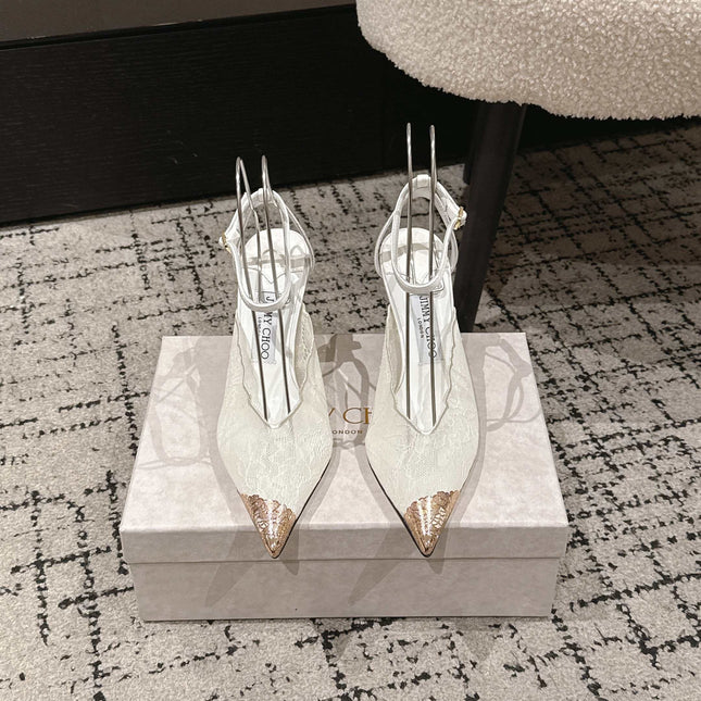 JIMMY CHOO 26S SLINGBACK HEELS 95 MM IN WHITE LACE