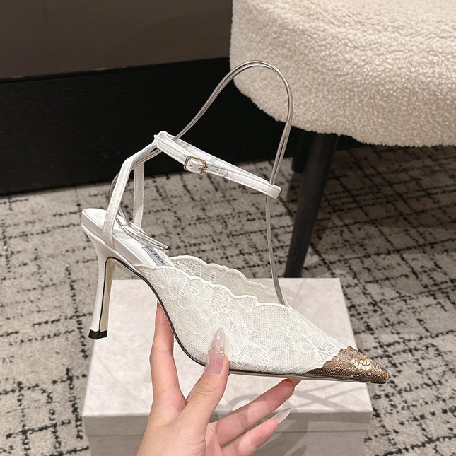 JIMMY CHOO 26S SLINGBACK HEELS 95 MM IN WHITE LACE