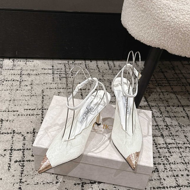 JIMMY CHOO 26S SLINGBACK HEELS 95 MM IN WHITE LACE