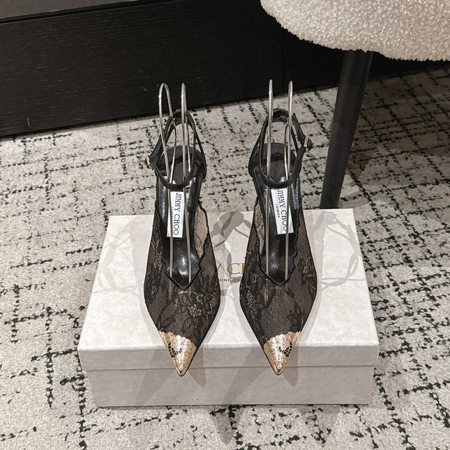JIMMY CHOO 26S SLINGBACK HEELS 95 MM IN BLACK LACE