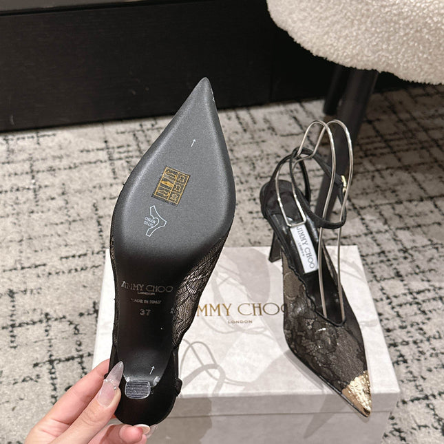 JIMMY CHOO 26S SLINGBACK HEELS 95 MM IN BLACK LACE