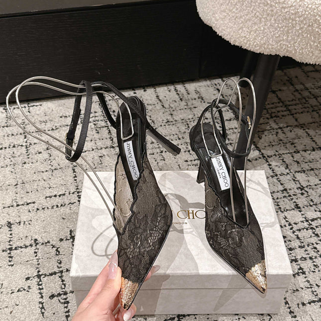 JIMMY CHOO 26S SLINGBACK HEELS 95 MM IN BLACK LACE