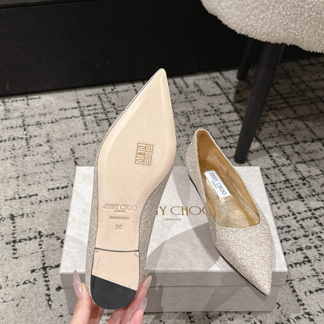 JIMMY CHOO 26S POINTED FLATS IN CHAMPAGNE GOLD GLITTER