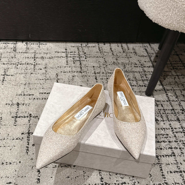 JIMMY CHOO 26S POINTED FLATS IN CHAMPAGNE GOLD GLITTER