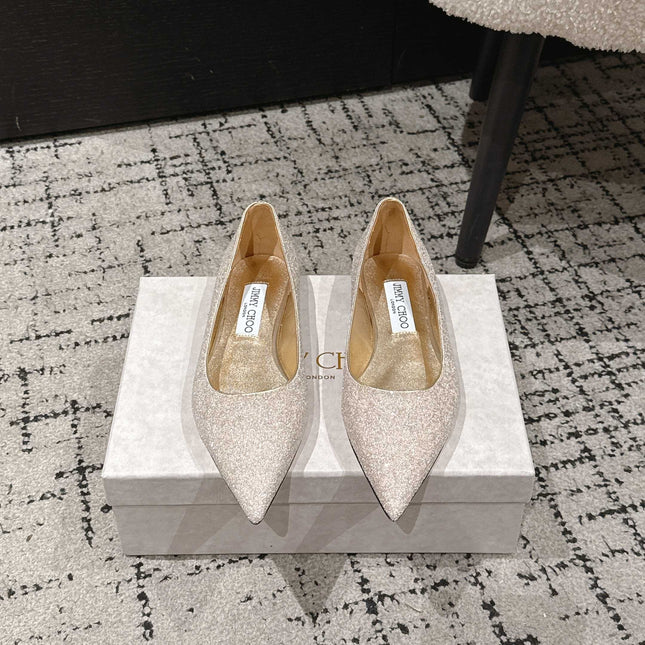 JIMMY CHOO 26S POINTED FLATS IN CHAMPAGNE GOLD GLITTER