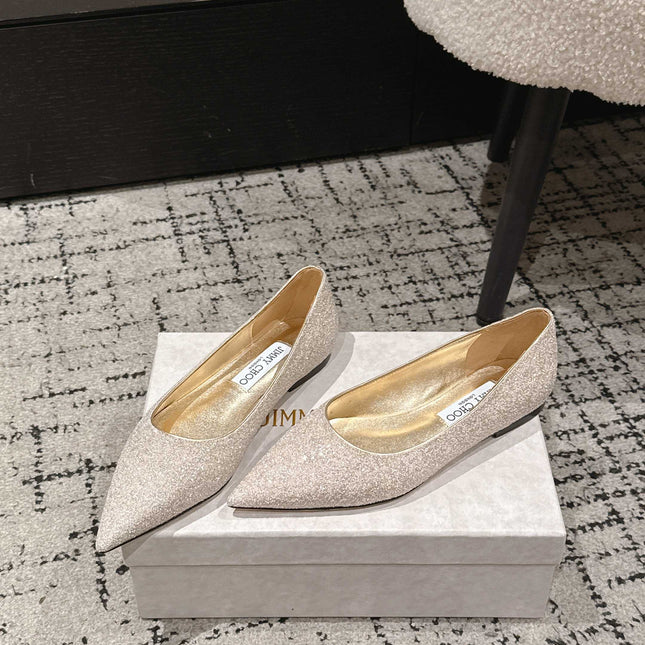 JIMMY CHOO 26S POINTED FLATS IN CHAMPAGNE GOLD GLITTER