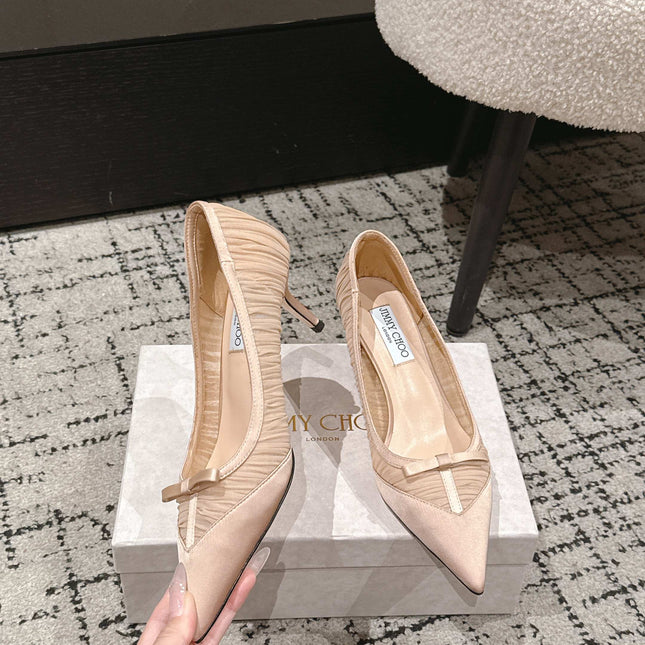 JIMMY CHOO 26S POINTED-TOE HIGH HEELS 65 MM IN LIGHT NUDE PINK FABRIC