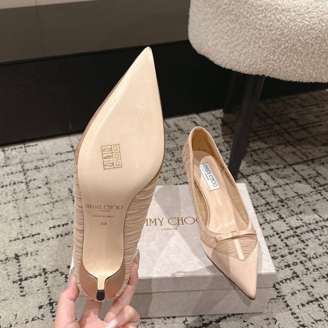 JIMMY CHOO 26S POINTED-TOE HIGH HEELS 65 MM IN LIGHT NUDE PINK FABRIC