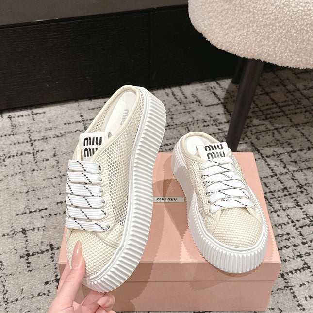 MIUMIU 26S SNEAKER MULES 45MM IN LIGHT BEIGE MESH