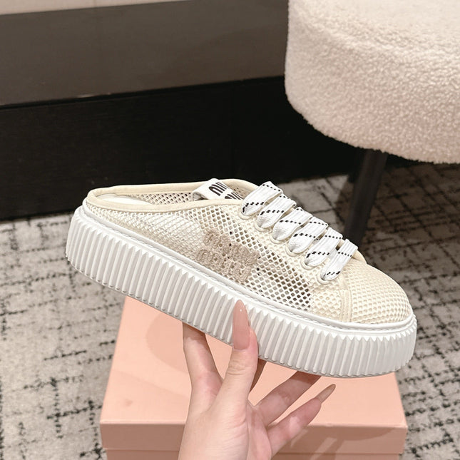 MIUMIU 26S SNEAKER MULES 45MM IN LIGHT BEIGE MESH