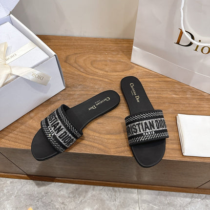 DIOR 26S FLAT SLIDE SANDALS IN BLACK CRYSTAL-EMBROIDERED CANVAS