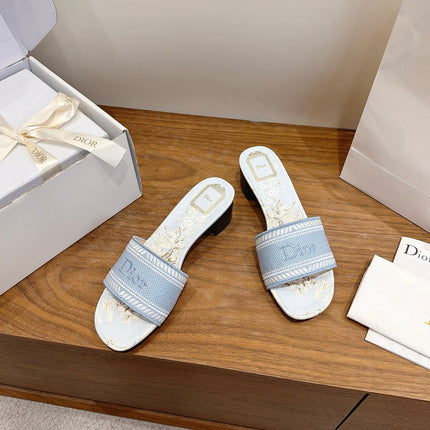 DIOR 26S BLOCK HEEL SLIDE SANDALS IN LIGHT BLUE CANVAS