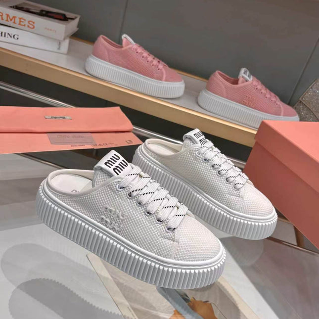 MIUMIU 26S SNEAKER MULES 45MM IN WHITE MESH