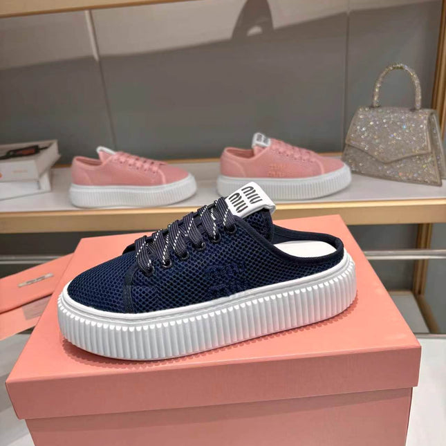 MIUMIU 26S SNEAKER MULES 45MM IN NAVY BLUE MESH