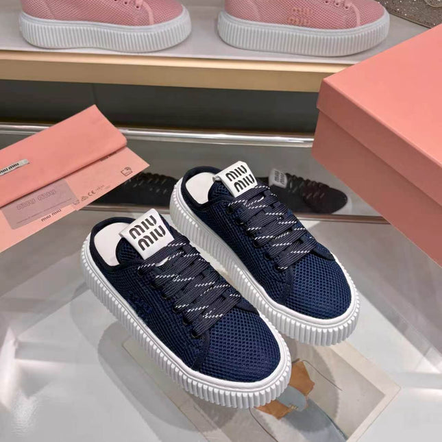 MIUMIU 26S SNEAKER MULES 45MM IN NAVY BLUE MESH