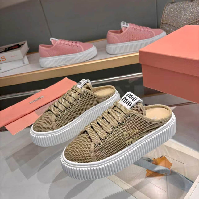 MIUMIU 26S SNEAKER MULES 45MM IN OLIVE GREEN MESH