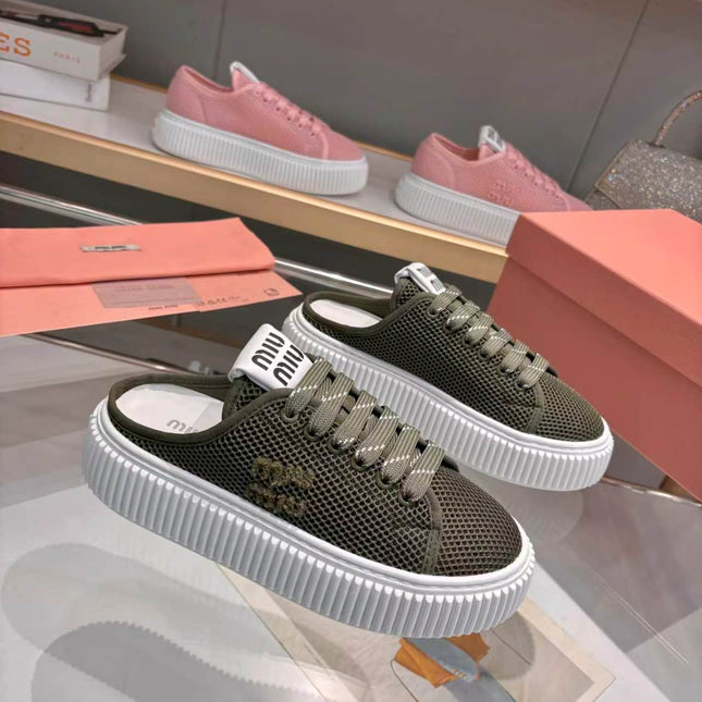 MIUMIU 26S SNEAKER MULES 45MM IN DARK OLIVE GREEN MESH