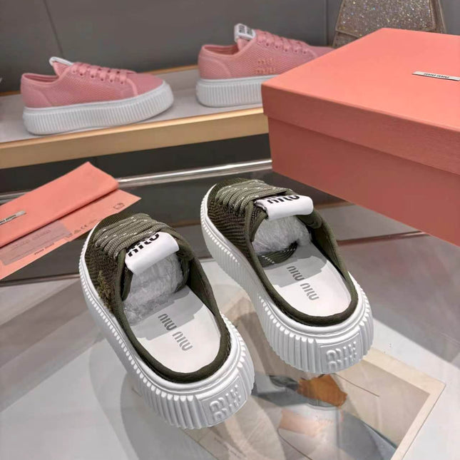 MIUMIU 26S SNEAKER MULES 45MM IN DARK OLIVE GREEN MESH