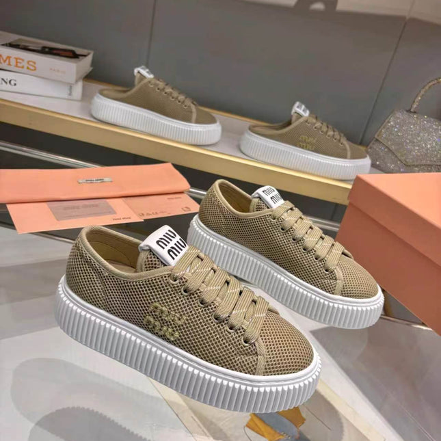 MIUMIU 26S SNEAKER 45MM IN OLIVE GREEN MESH FABRIC