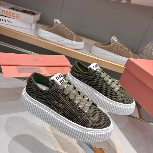 MIUMIU 26S SNEAKER 45MM IN DARK OLIVE GREEN MESH FABRIC