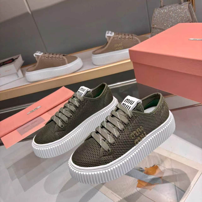 MIUMIU 26S SNEAKER 45MM IN DARK OLIVE GREEN MESH FABRIC