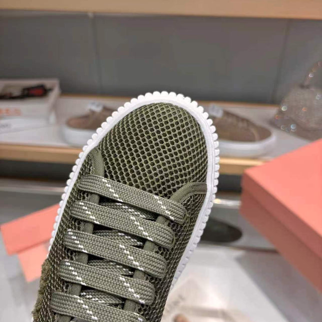 MIUMIU 26S SNEAKER 45MM IN DARK OLIVE GREEN MESH FABRIC