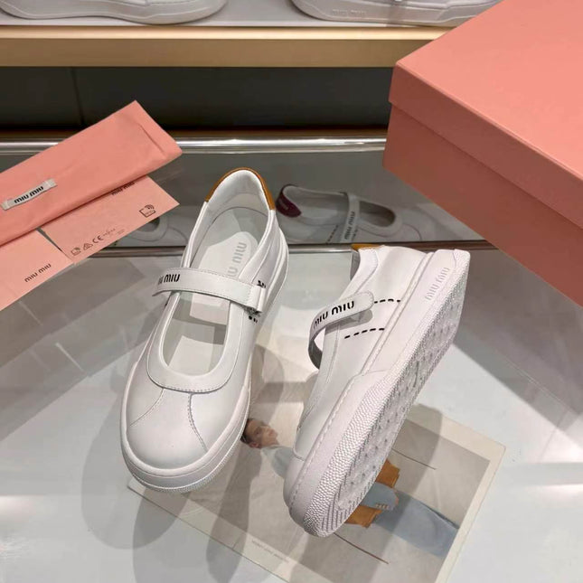 MIUMIU 26S MARY JANE BALLERINAS IN WHITE AND TAN BROWN CALFSKIN