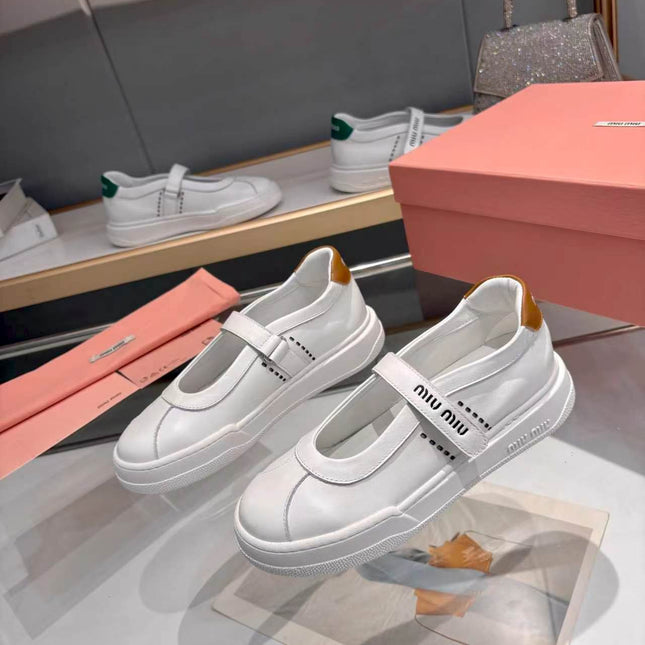 MIUMIU 26S MARY JANE BALLERINAS IN WHITE AND TAN BROWN CALFSKIN