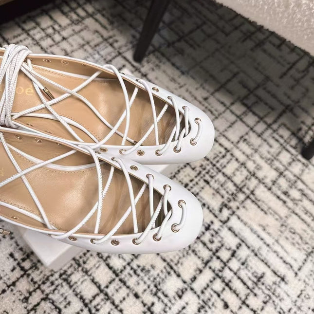 CHLOÉ 26S LACE-UP HEELS 60 MM IN WHITE CALFSKIN