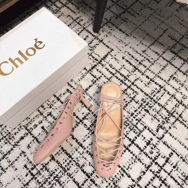 CHLOÉ 26S LACE-UP HEELS 60 MM IN NUDE PINK CALFSKIN
