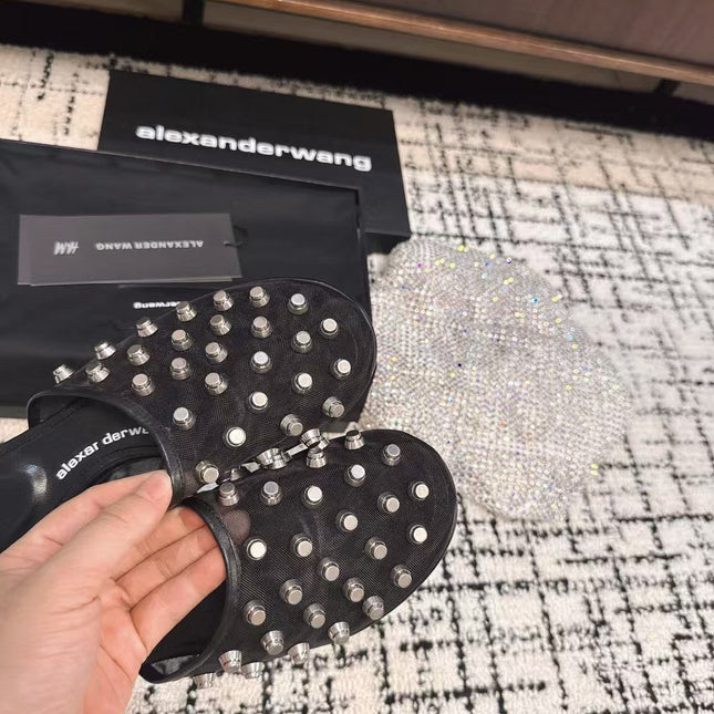 STRASS STUDDED FLAT MULE IN BLACK MESH UPPER
