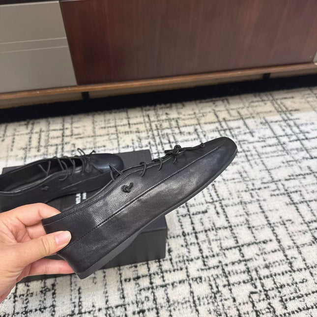 MIUMIU 26S LACE UP BOW LOAFERS IN BLACK CALFSKIN
