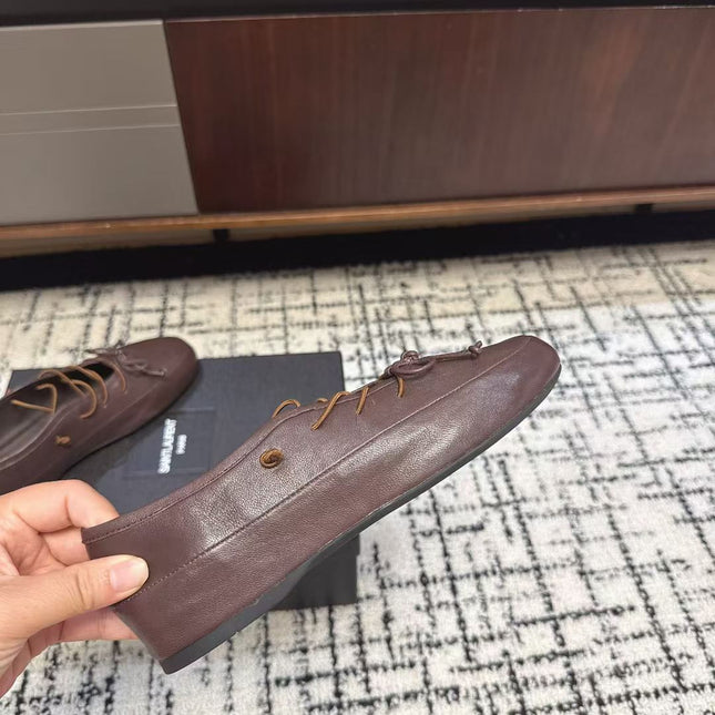 MIUMIU 26S LACE UP BOW LOAFERS IN DARK BROWN CALFSKIN