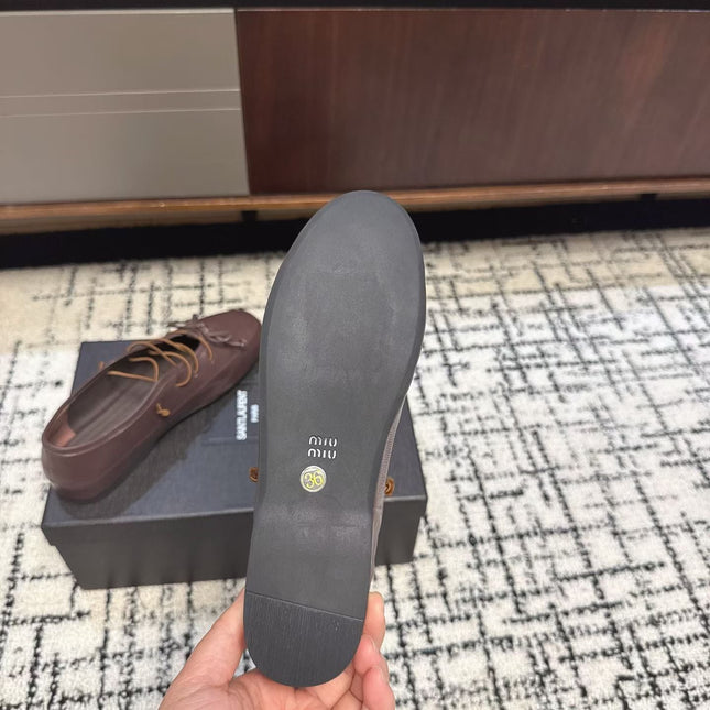 MIUMIU 26S LACE UP BOW LOAFERS IN DARK BROWN CALFSKIN