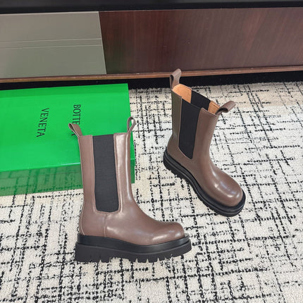 BOTTEGA VENETA 26S MID CALF BOOTS IN BROWN SHINY CALFSKIN