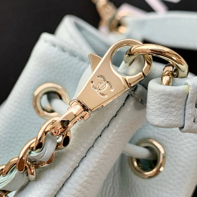 CHANEL 25S MINI BUCKET BAG 12 IN LIGHT BLUE CALFSKIN GOLD HARDWARE