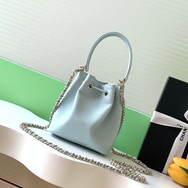 CHANEL 25S MINI BUCKET BAG 12 IN LIGHT BLUE CALFSKIN GOLD HARDWARE