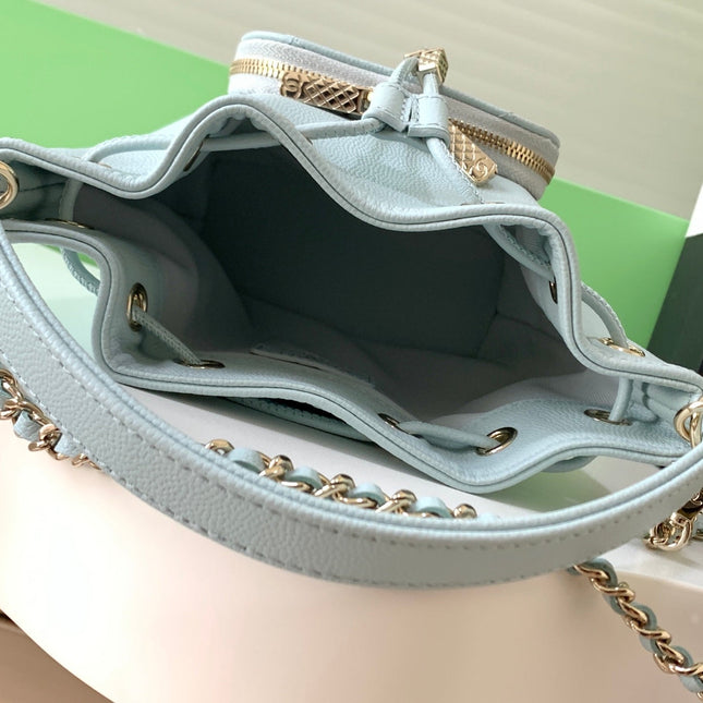 CHANEL 25S MINI BUCKET BAG 12 IN LIGHT BLUE CALFSKIN GOLD HARDWARE